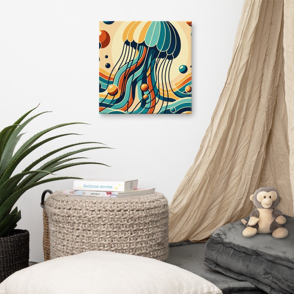 Retro jellyfish over stylised ocean waves