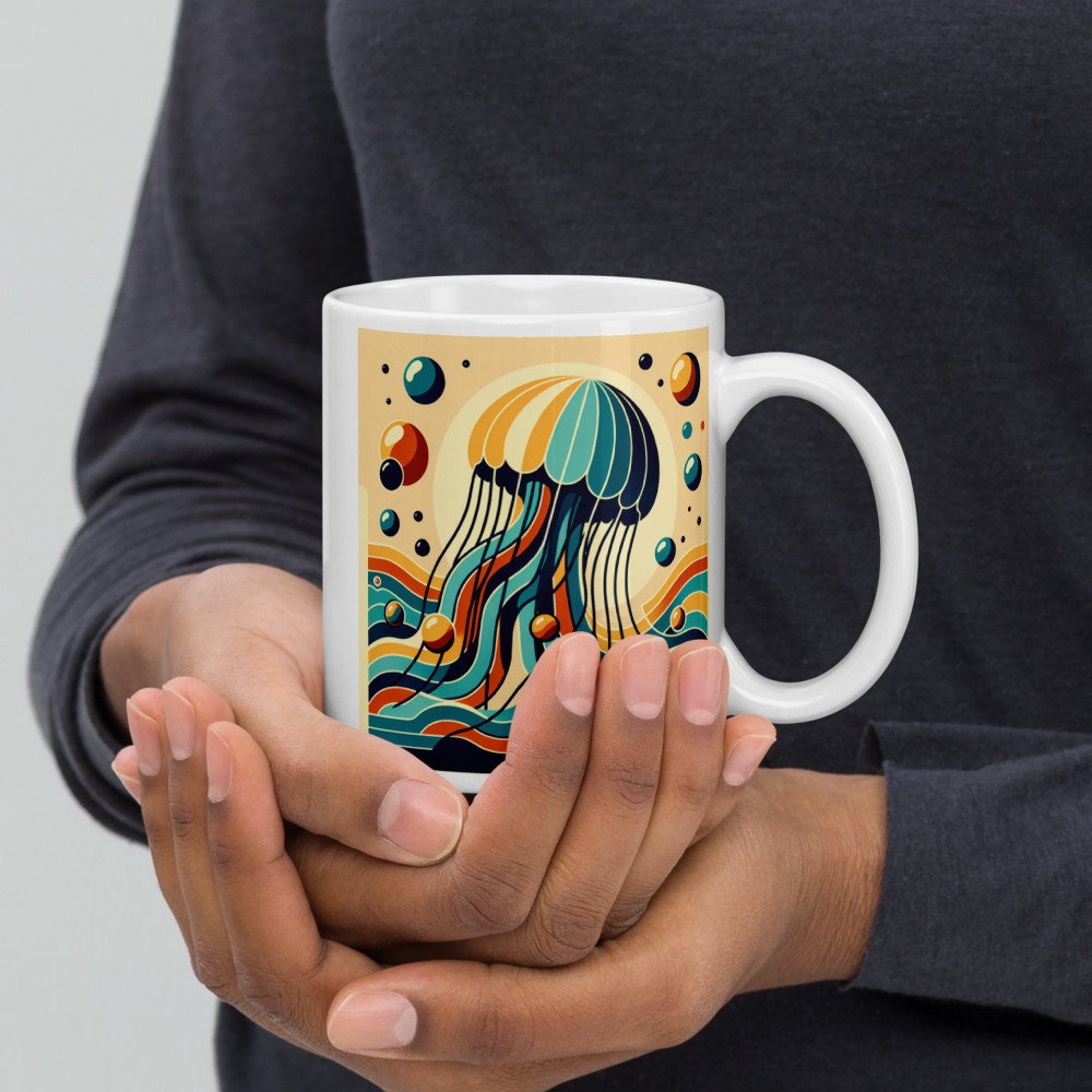 Retro jellyfish over stylised ocean waves