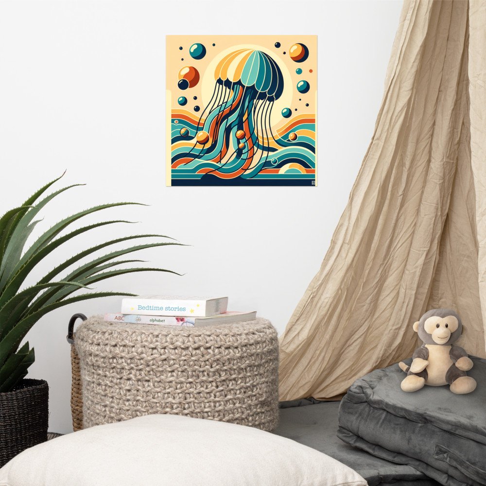 Retro jellyfish over stylised ocean waves