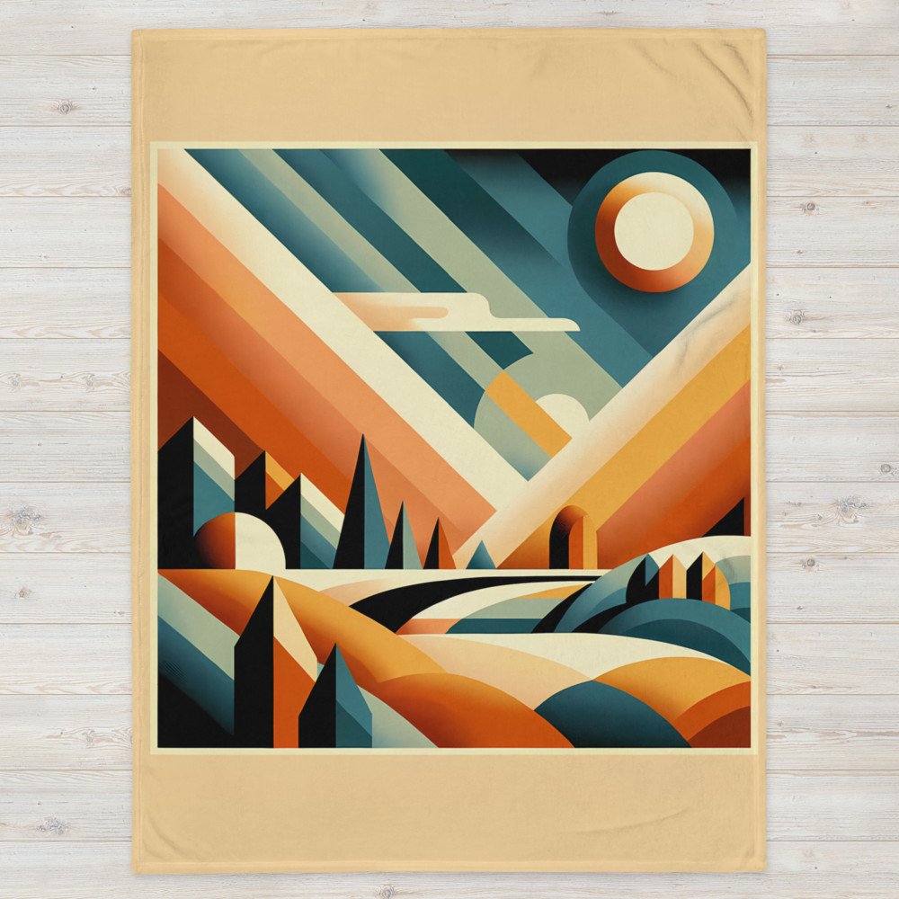 Retro Geometric Sunset Mountain Landscape in Teal
