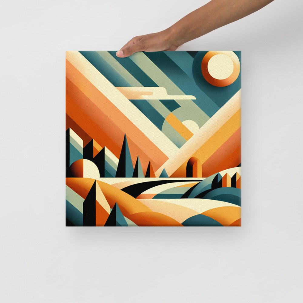 Retro Geometric Sunset Mountain Landscape in Teal