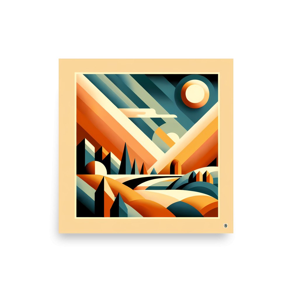 Retro Geometric Sunset Mountain Landscape in Teal