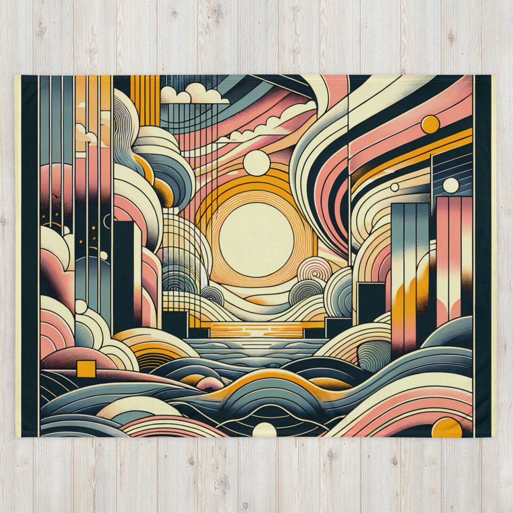 Retro Geometric Sunset Cityscape Over Abstract Waves
