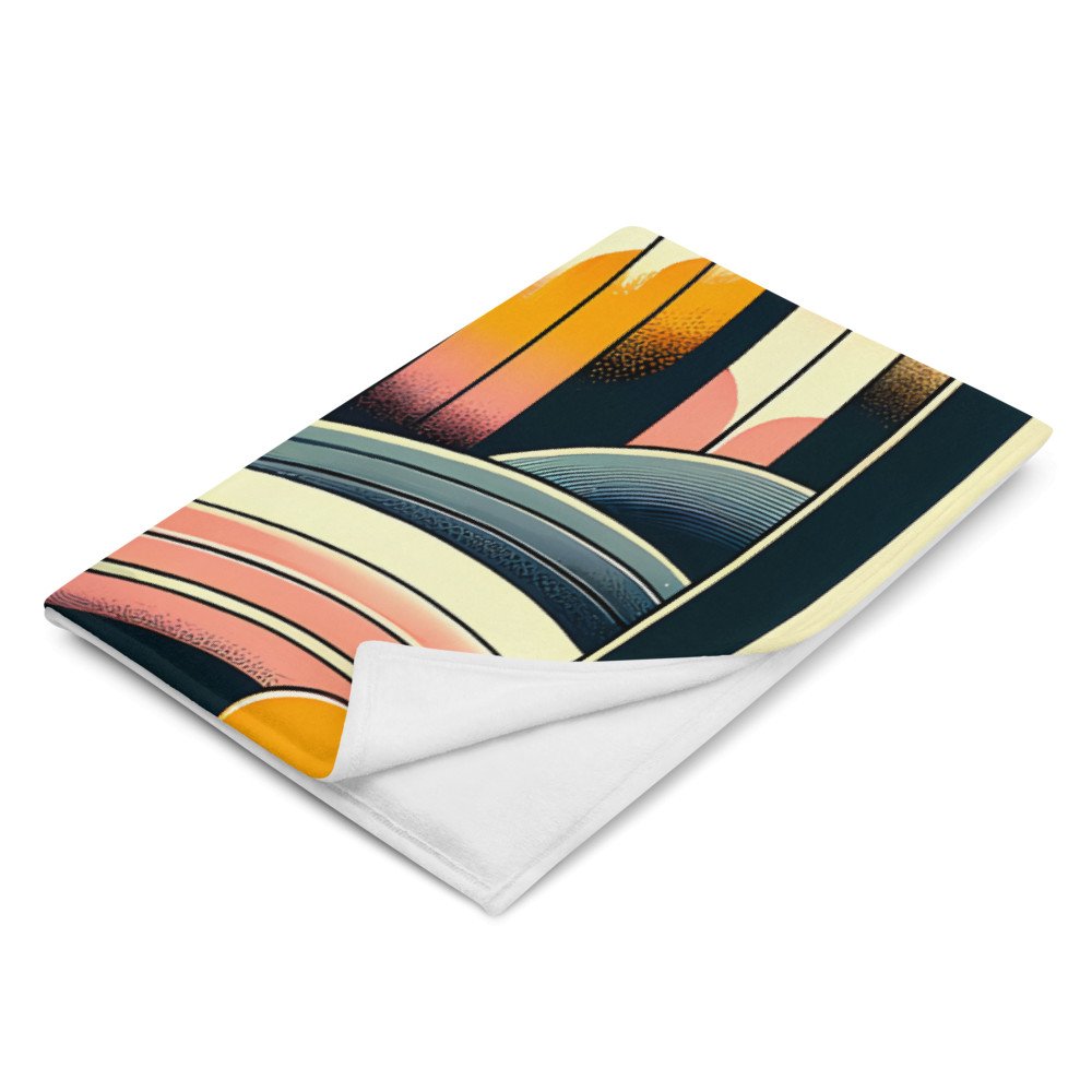 Retro Geometric Sunset Cityscape Over Abstract Waves