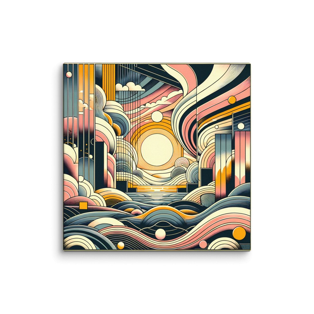 Retro Geometric Sunset Cityscape Over Abstract Waves