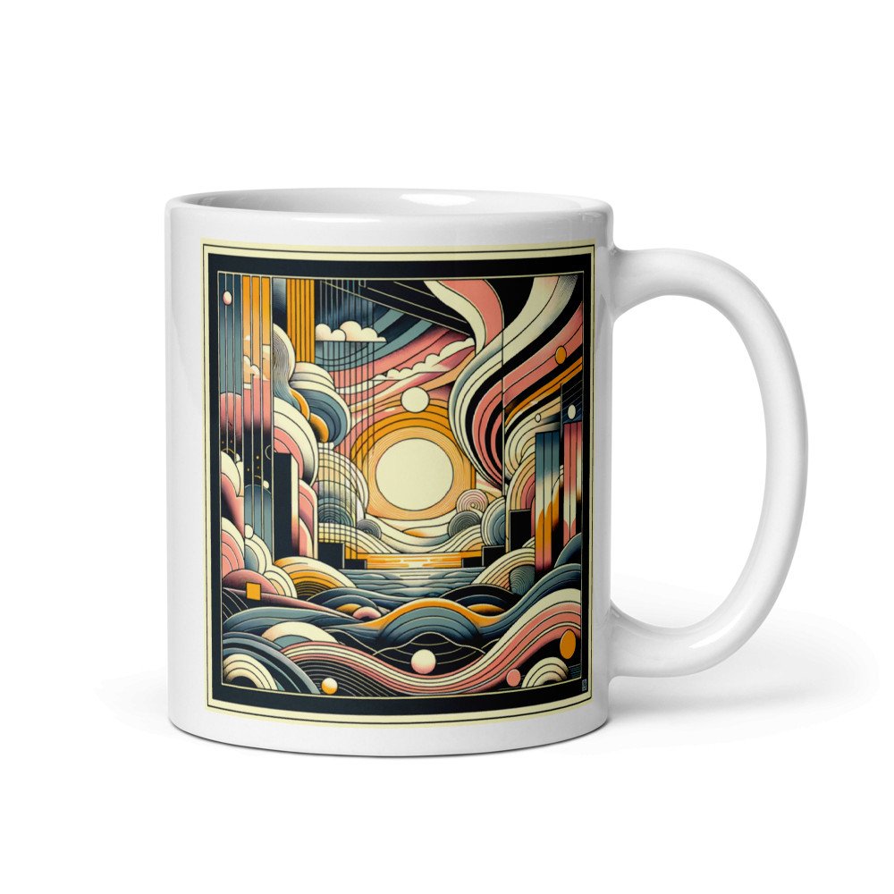 Retro Geometric Sunset Cityscape Over Abstract Waves