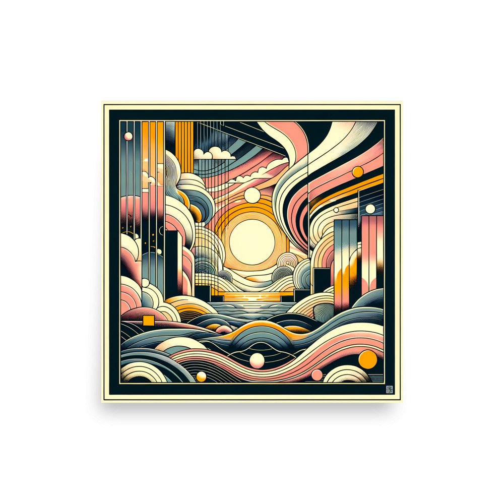 Retro Geometric Sunset Cityscape Over Abstract Waves