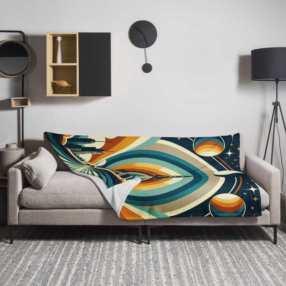 Retro Rocket Launch Over Geometric City Skyline