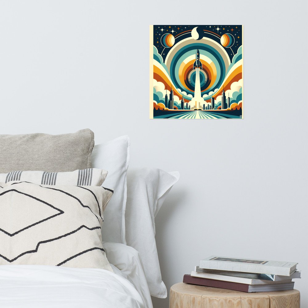 Retro Rocket Launch Over Geometric City Skyline