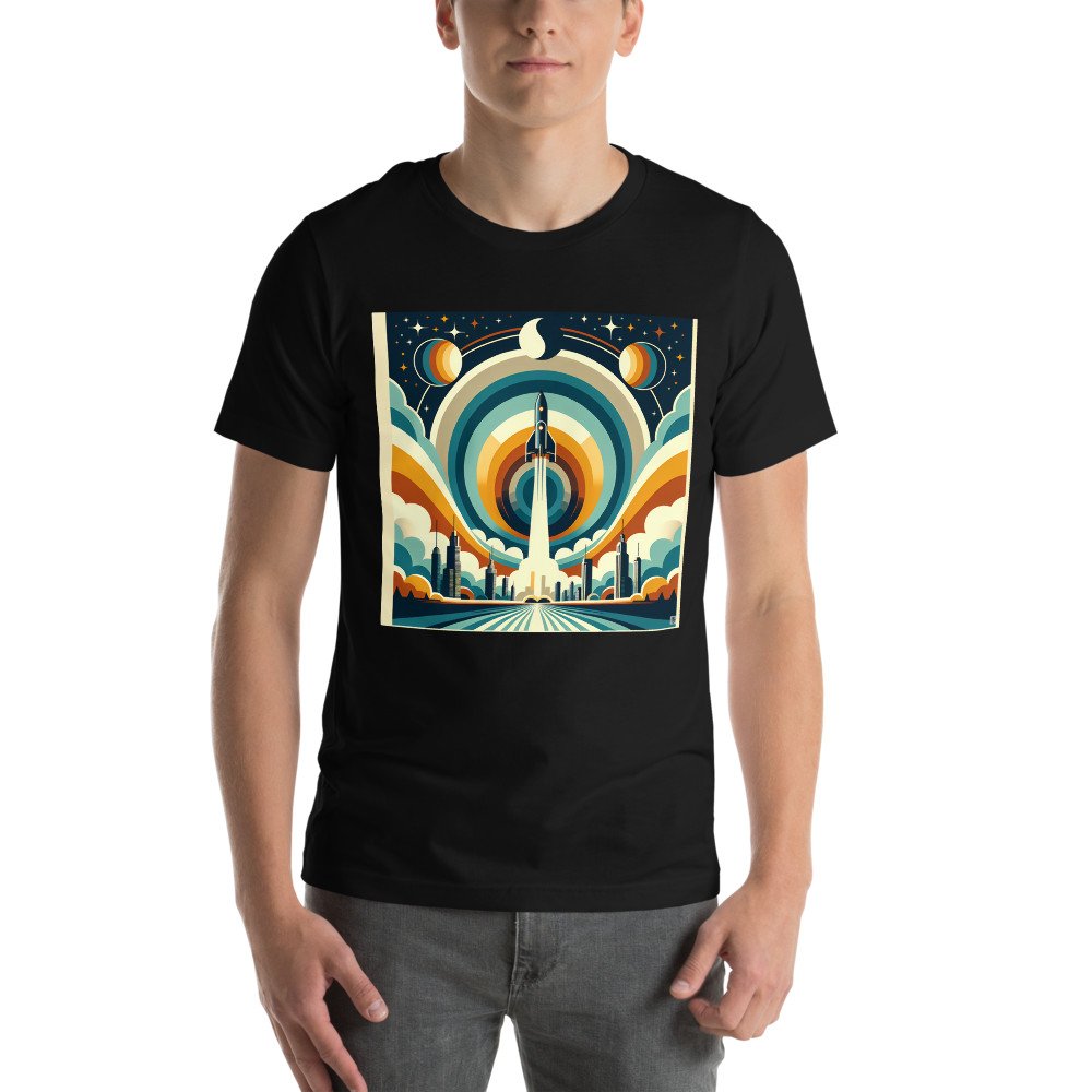 Retro Rocket Launch Over Geometric City Skyline