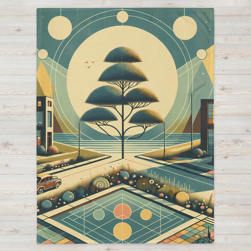 Retro Geometric Cityscape with Moonlit Tree