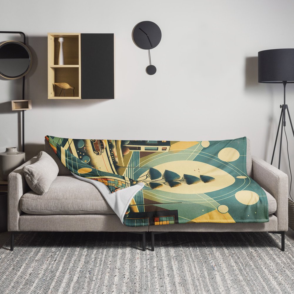 Retro Geometric Cityscape with Moonlit Tree — Throw Blanket