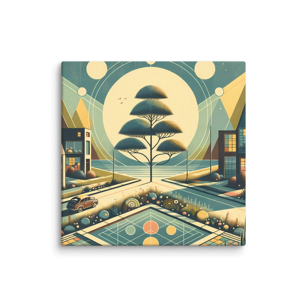 Retro Geometric Cityscape with Moonlit Tree