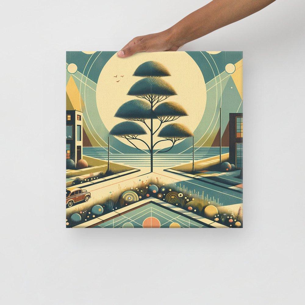 Retro Geometric Cityscape with Moonlit Tree