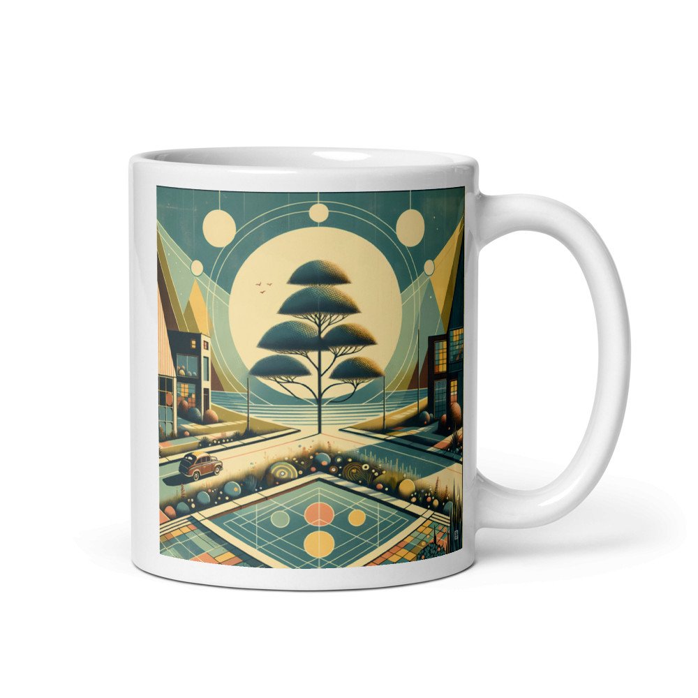 Retro Geometric Cityscape with Moonlit Tree