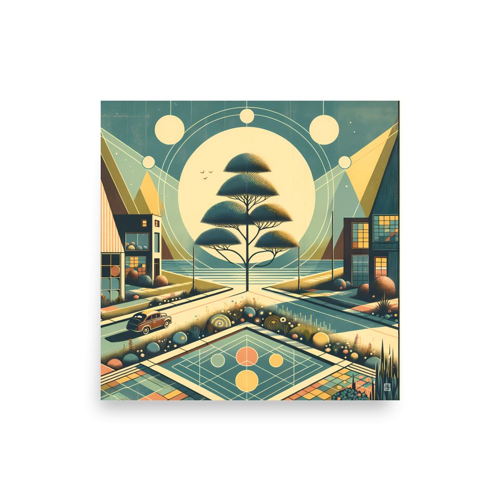 Retro Geometric Cityscape with Moonlit Tree