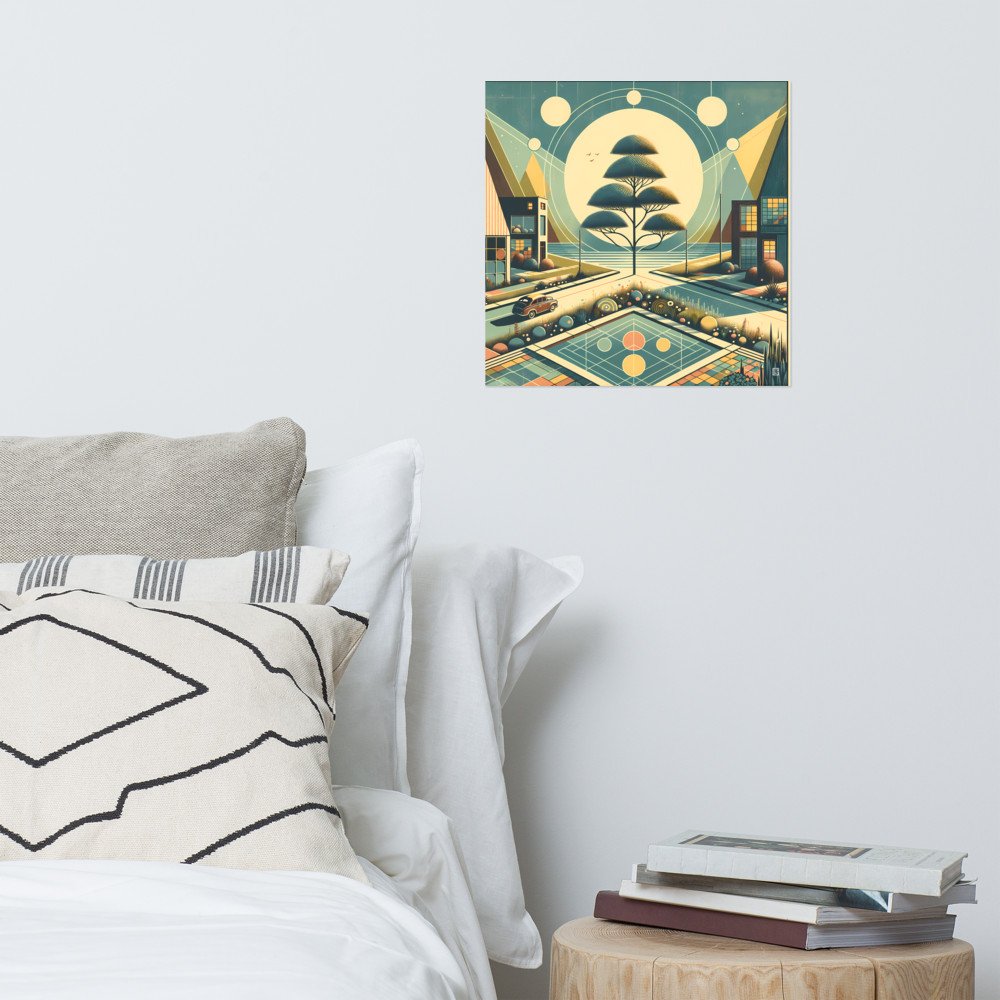 Retro Geometric Cityscape with Moonlit Tree