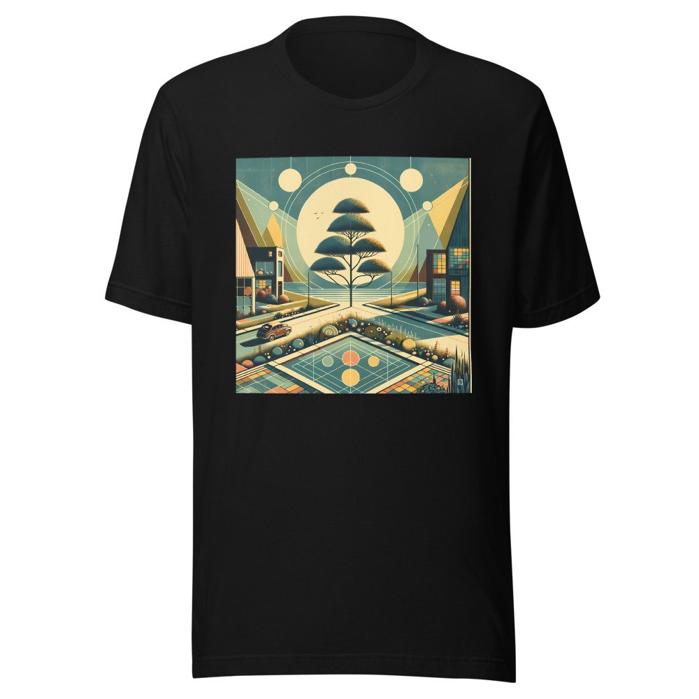 Retro Geometric Cityscape with Moonlit Tree