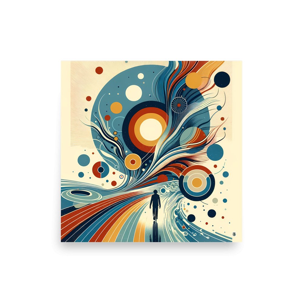 Retro Abstract Cosmic Swirls with Silhouette Figure