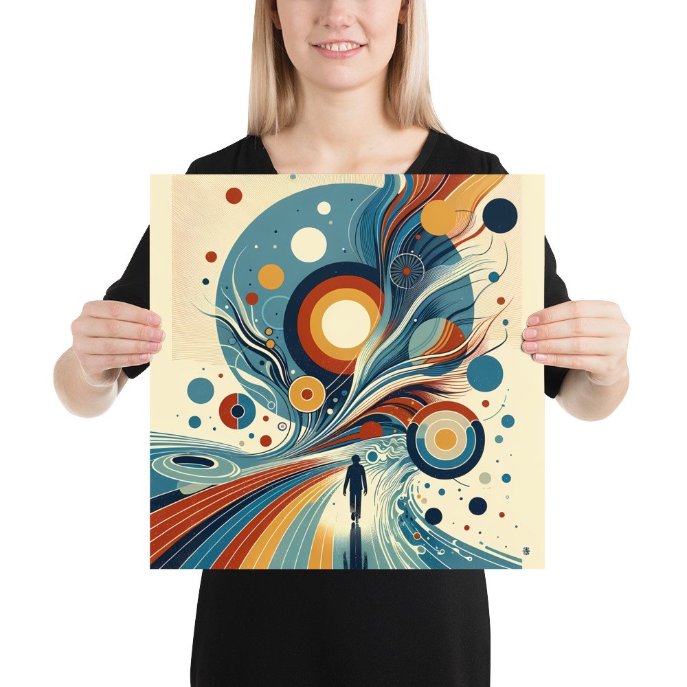 Retro Abstract Cosmic Swirls with Silhouette Figure