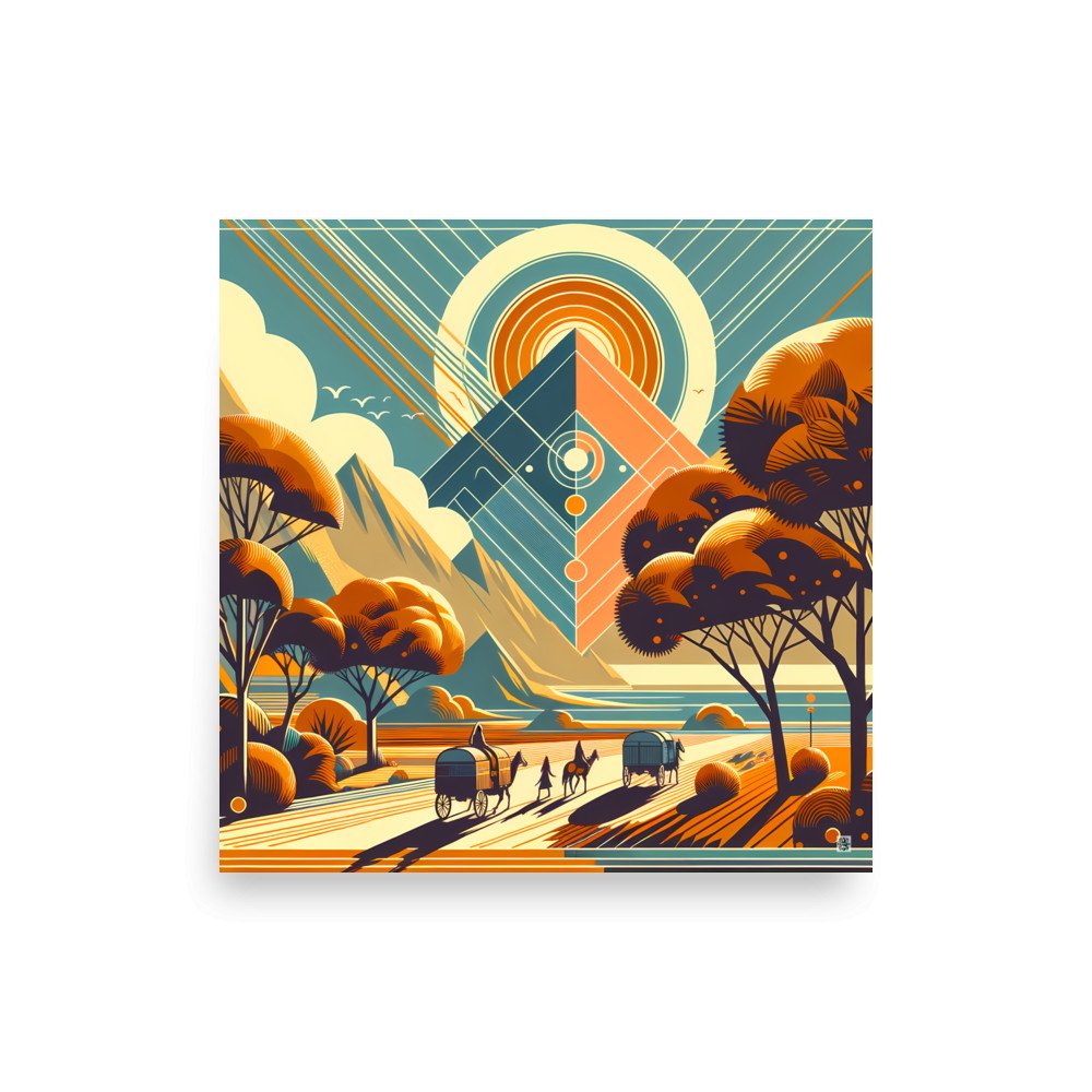 Retro Geometric Mountain Sunset Landscape Illustration