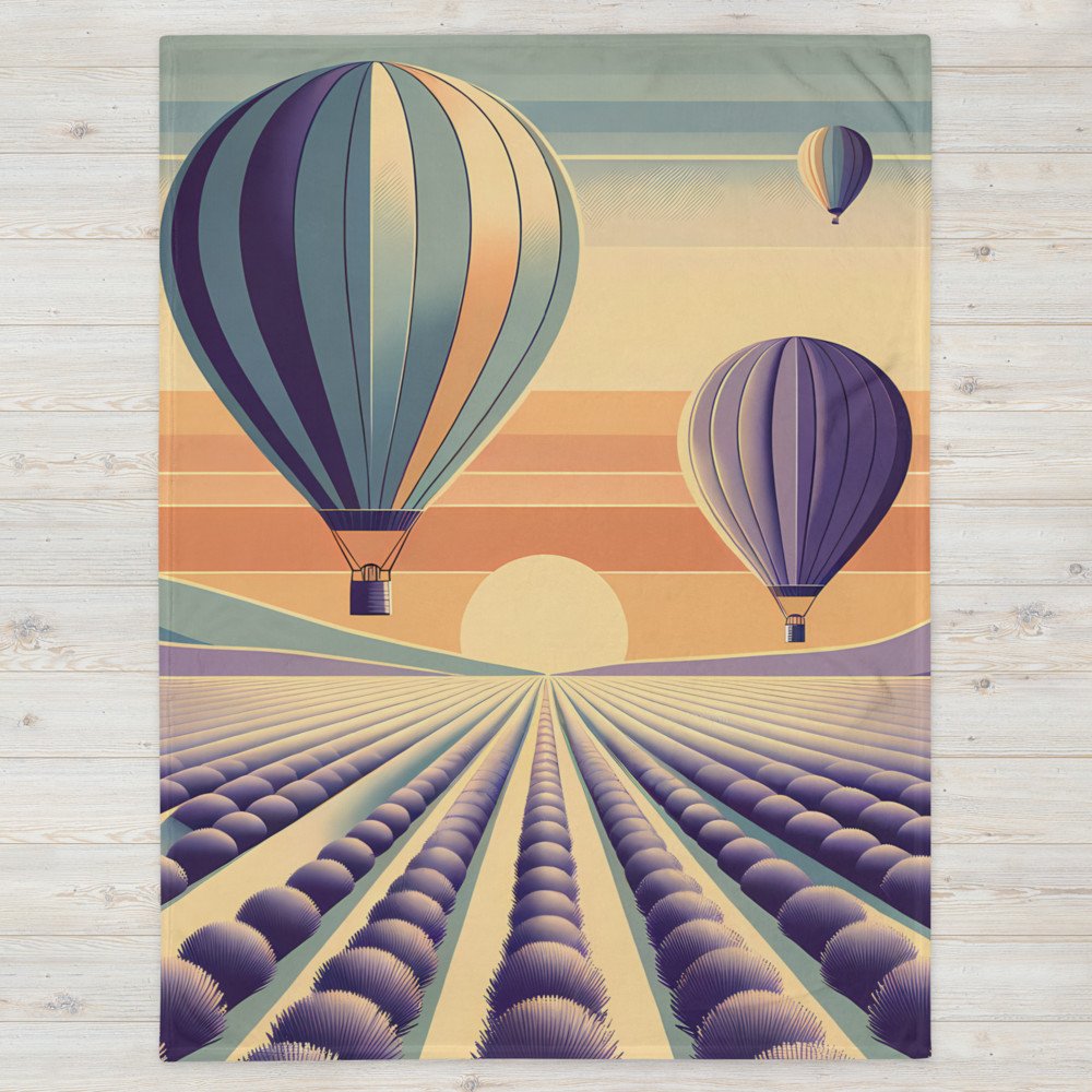 Retro Hot Air Balloons Over Lavender Fields at Sunset