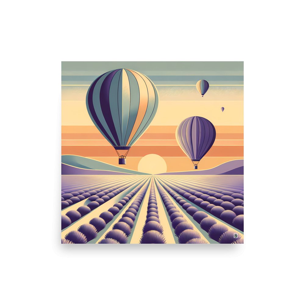 Retro Hot Air Balloons Over Lavender Fields at Sunset