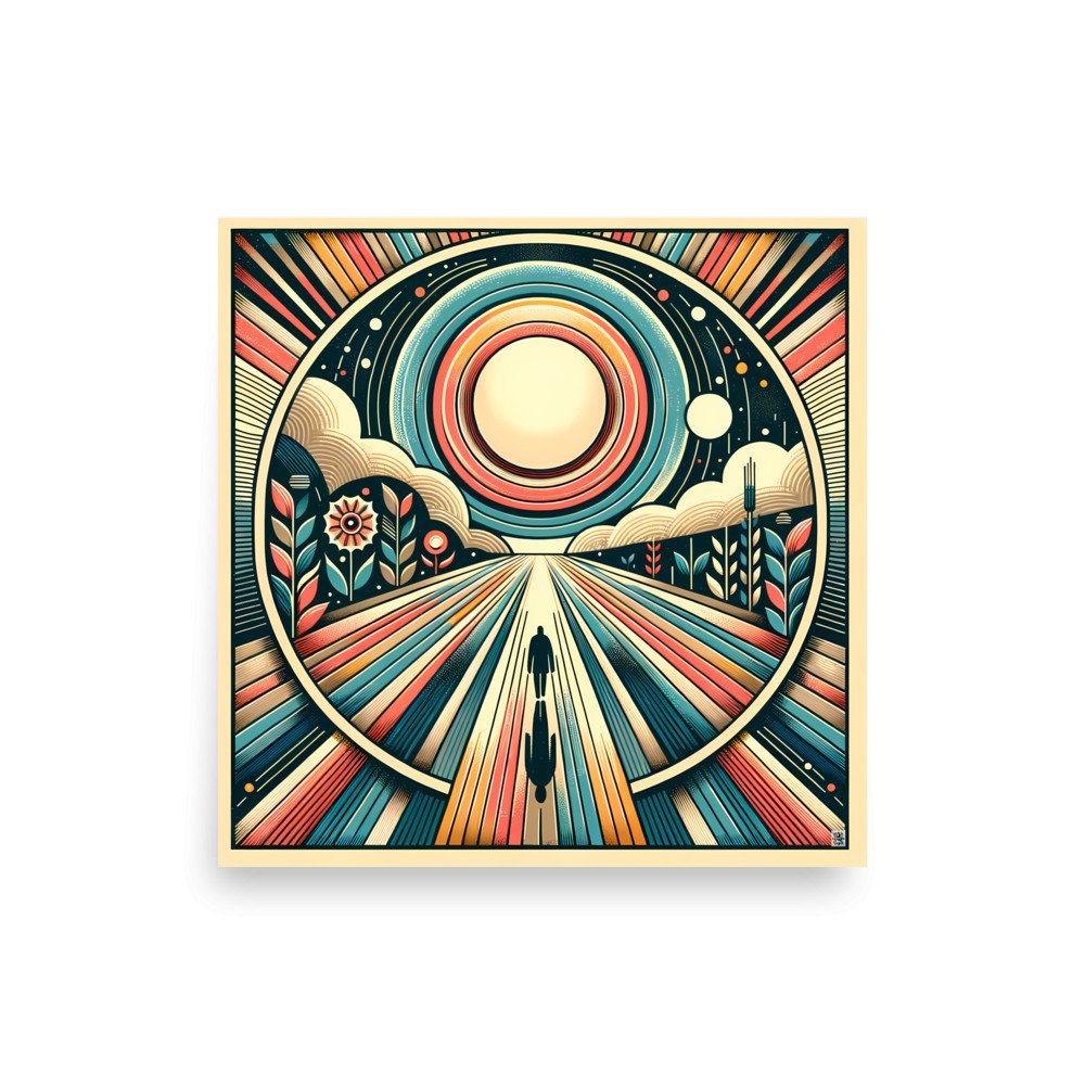 Retro Geometric Sunburst Landscape Art