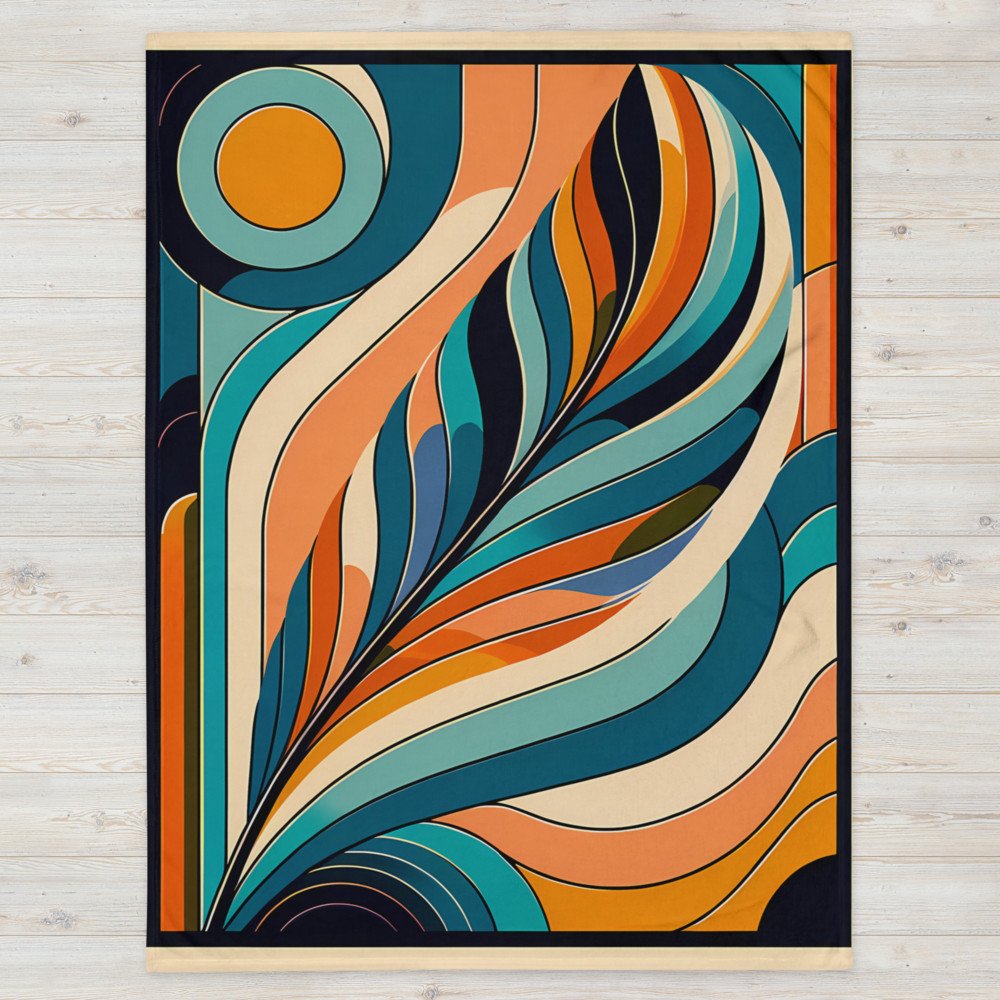 Retro Abstract Feather Waves in Teal and Orange