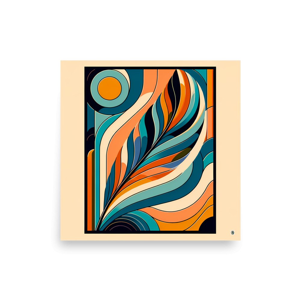 Retro Abstract Feather Waves in Teal and Orange