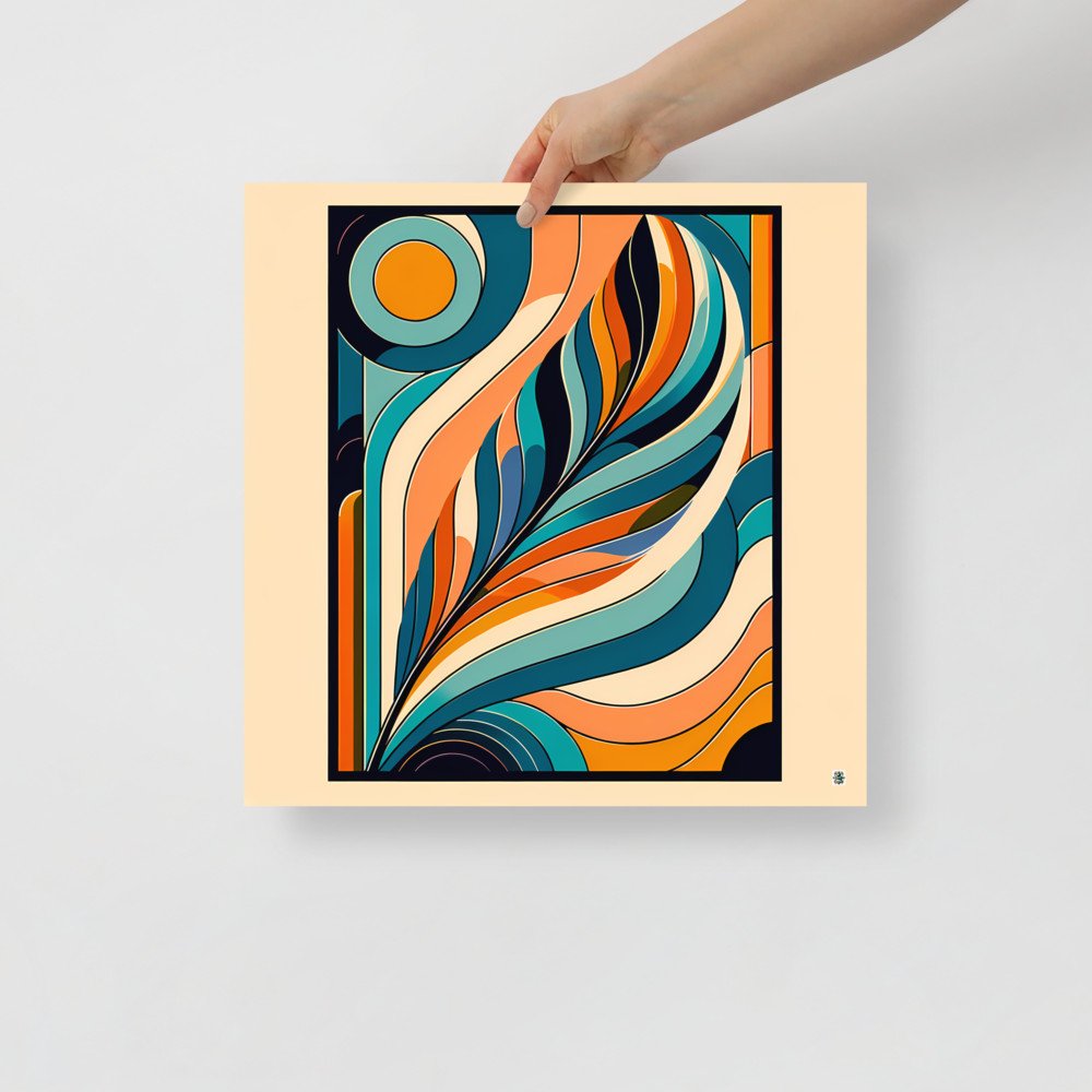 Retro Abstract Feather Waves in Teal and Orange