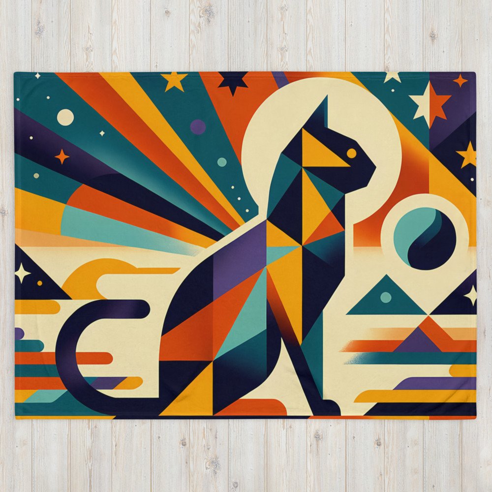 Geometric Space Cat with Retro Sunburst