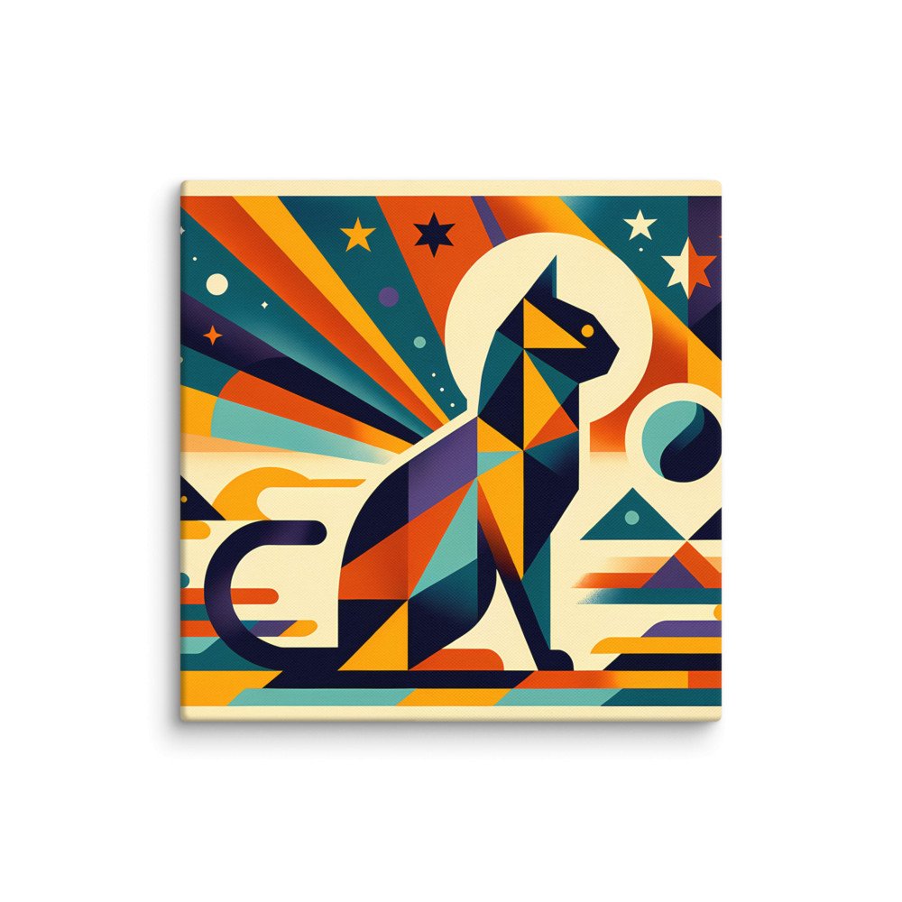 Geometric Space Cat with Retro Sunburst