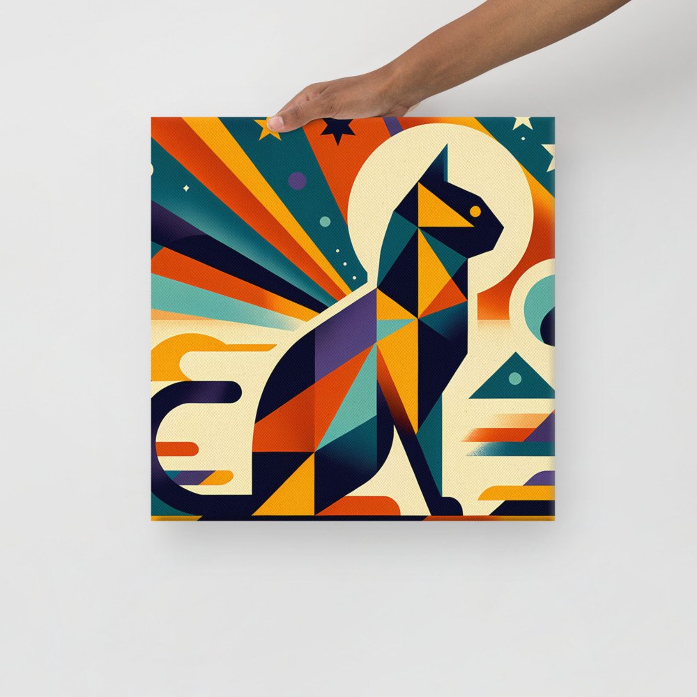 Geometric Space Cat with Retro Sunburst