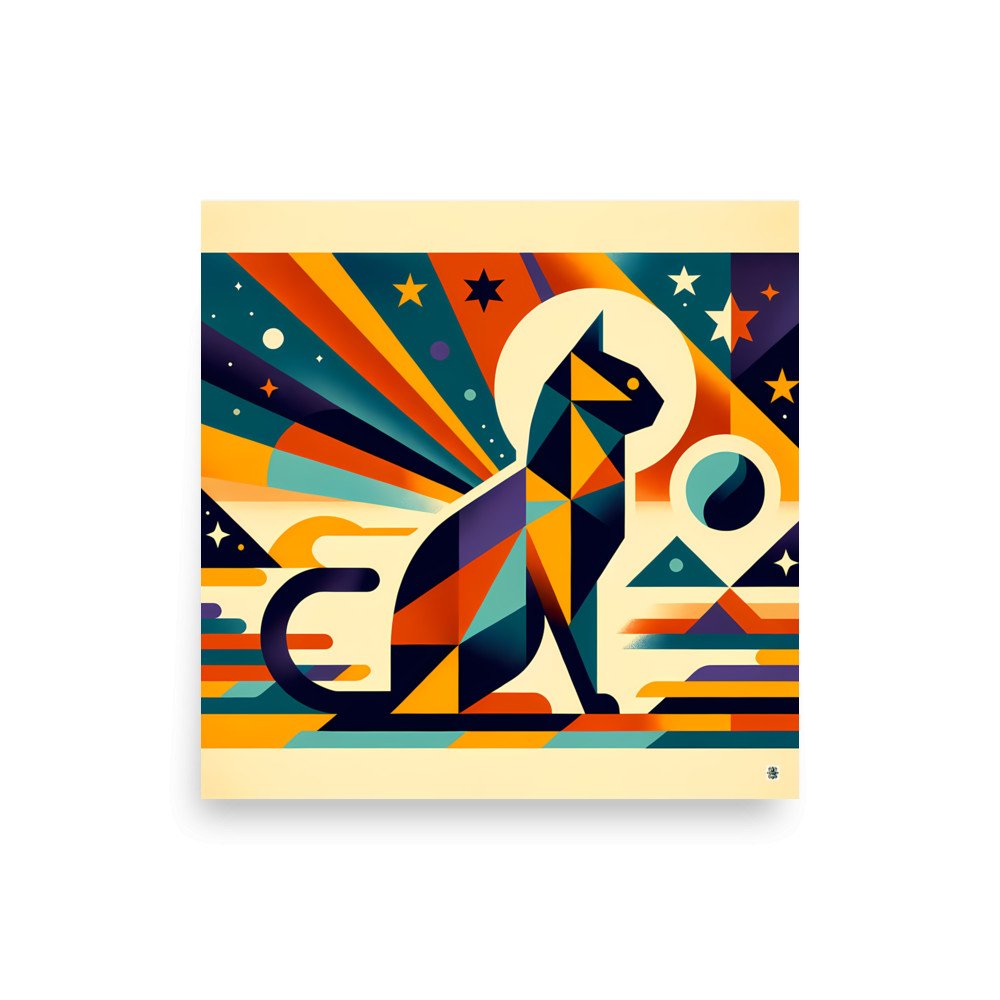 Geometric Space Cat with Retro Sunburst