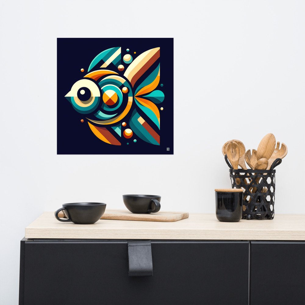 Retro Geometric Fish Illustration in Teal and Orange