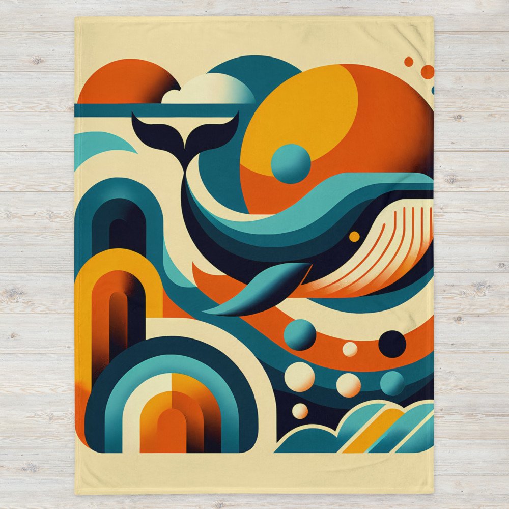 Retro Geometric Whale in Teal and Orange Waves