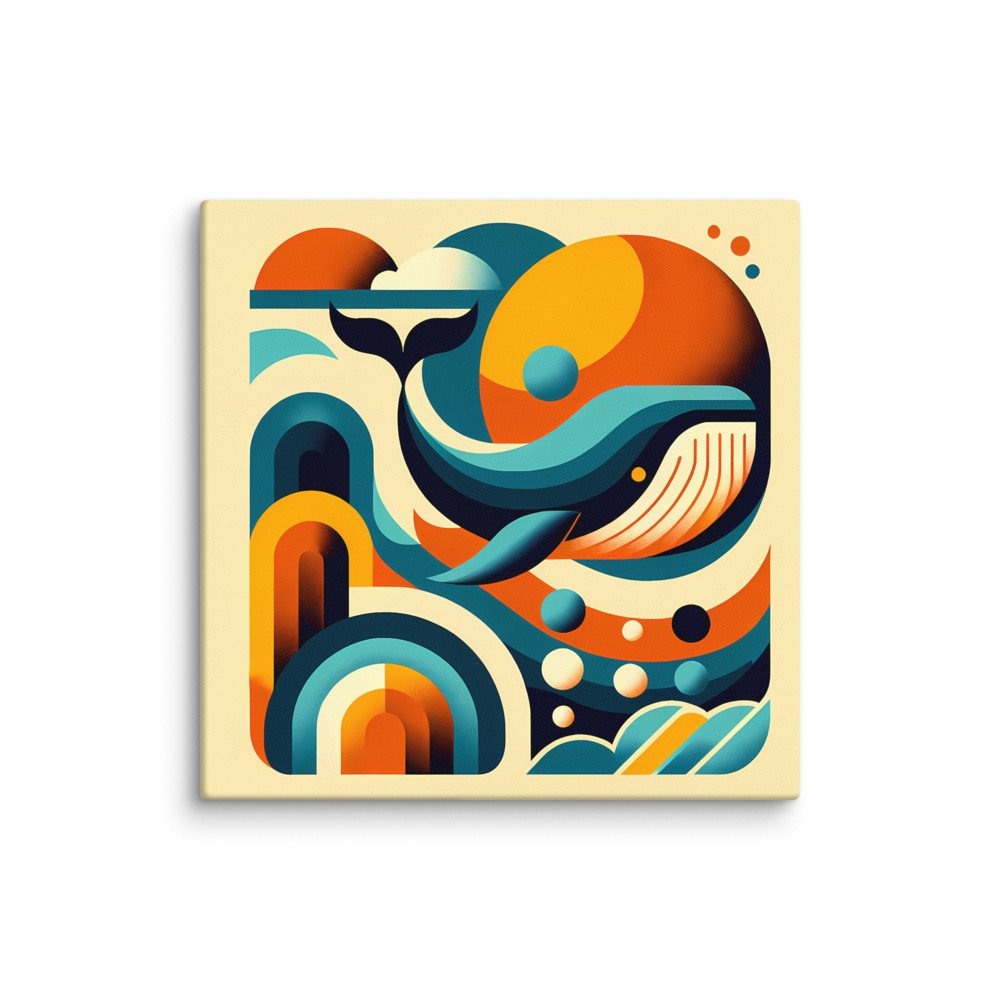 Retro Geometric Whale in Teal and Orange Waves
