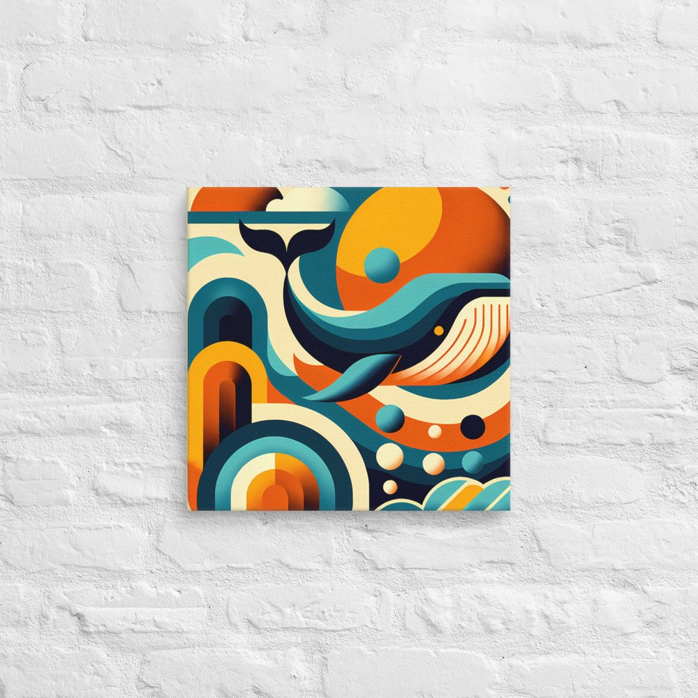 Retro Geometric Whale in Teal and Orange Waves