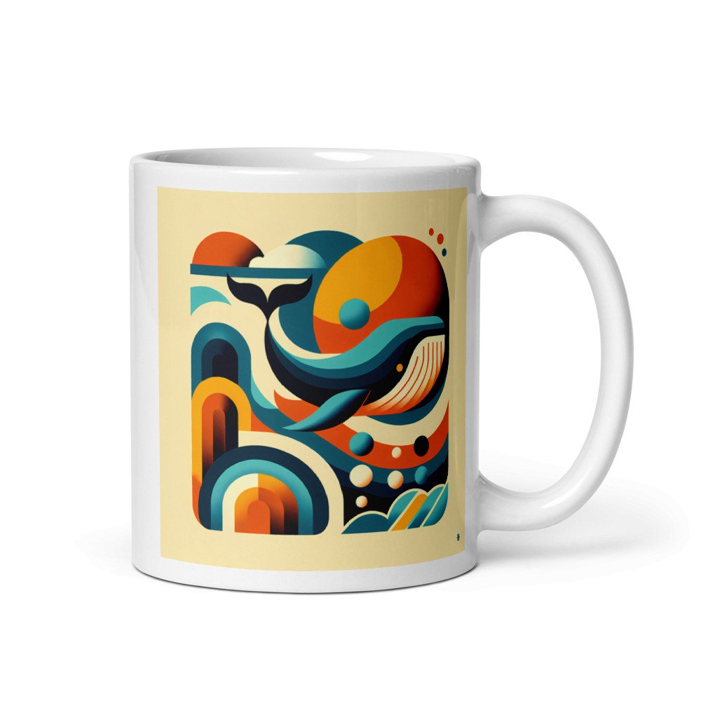 Retro Geometric Whale in Teal and Orange Waves