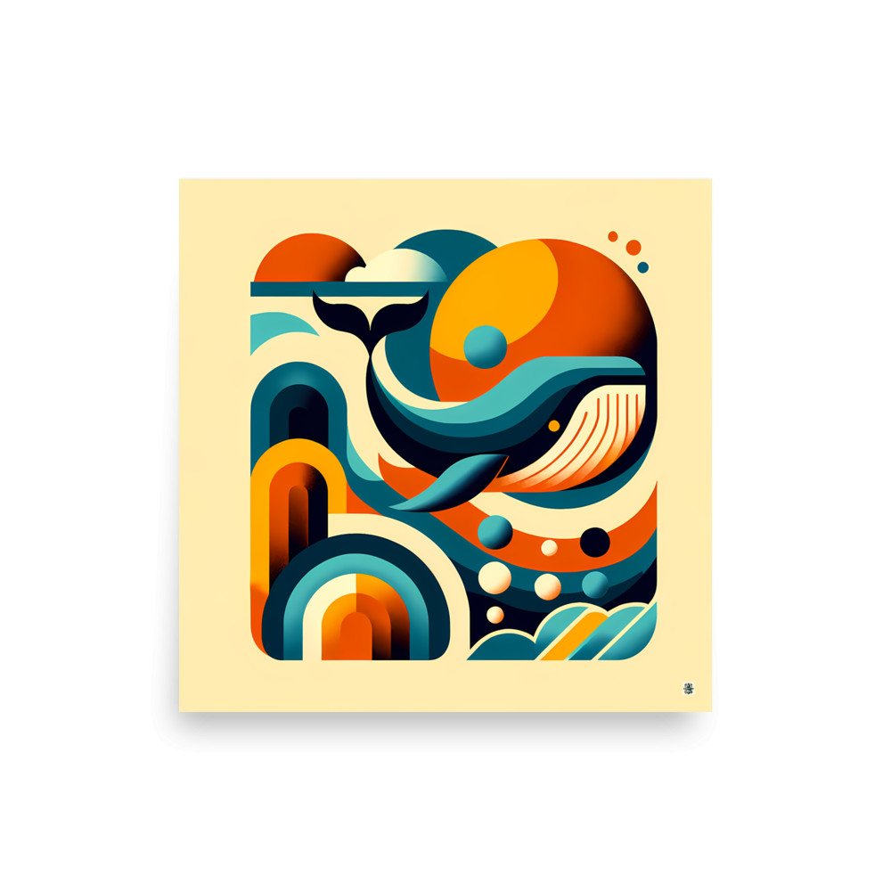 Retro Geometric Whale in Teal and Orange Waves