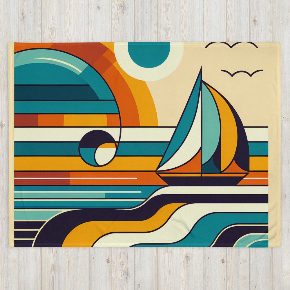 Retro Geometric Sailboat Sunset Seascape in Teal