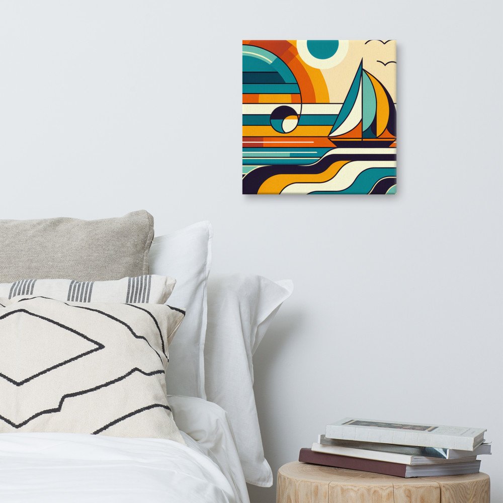 Retro Geometric Sailboat Sunset Seascape in Teal