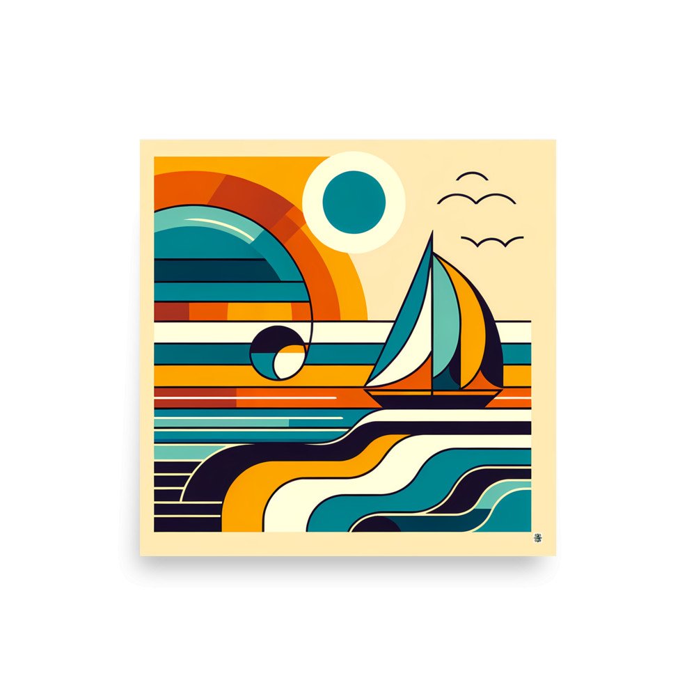 Retro Geometric Sailboat Sunset Seascape in Teal