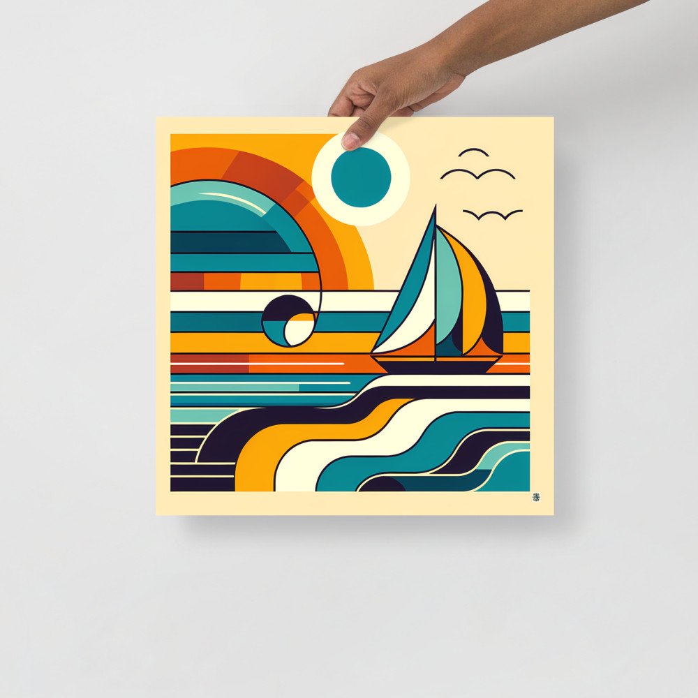 Retro Geometric Sailboat Sunset Seascape in Teal