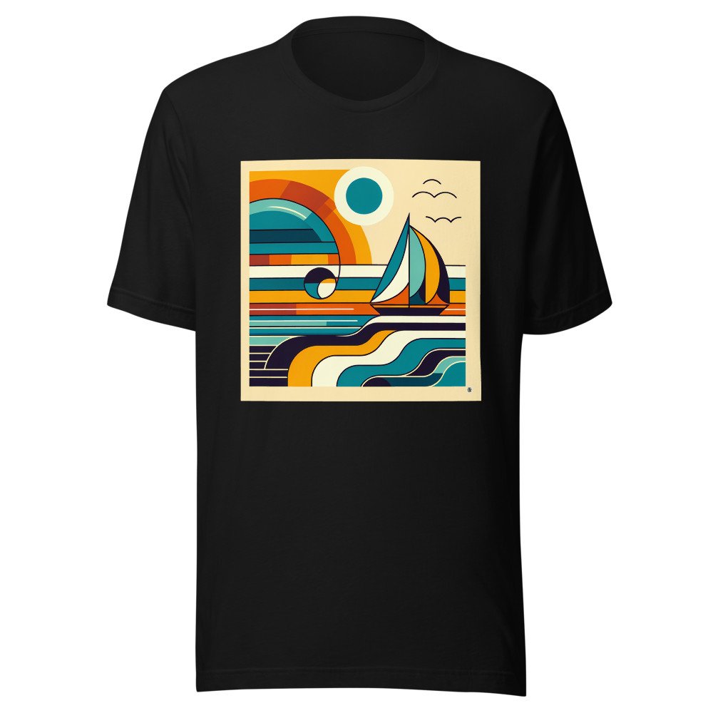 Retro Geometric Sailboat Sunset Seascape in Teal