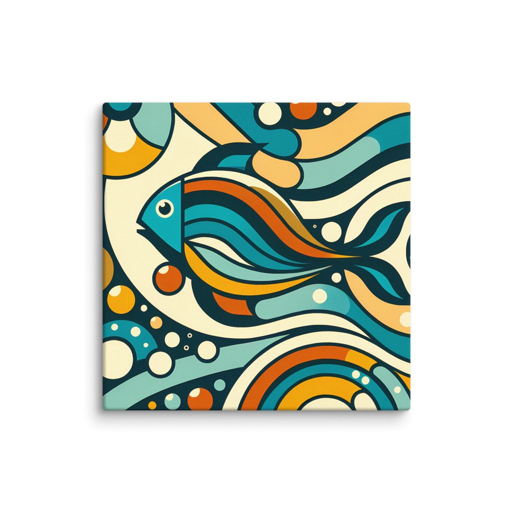 Retro Geometric Fish Abstract Waves in Teal and Orange