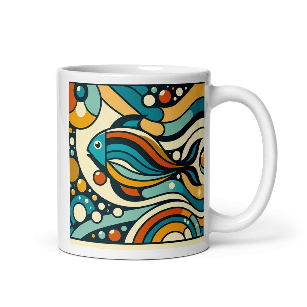 Retro Geometric Fish Abstract Waves in Teal and Orange
