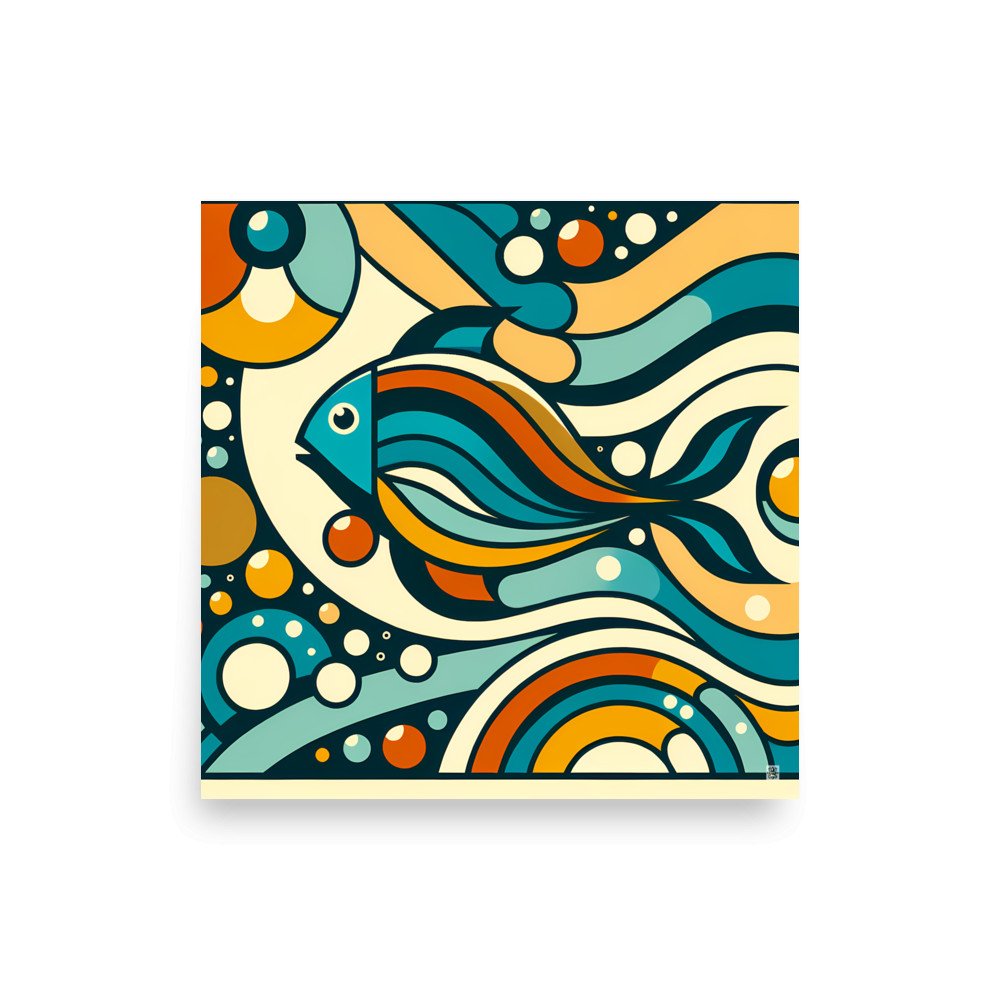 Retro Geometric Fish Abstract Waves in Teal and Orange