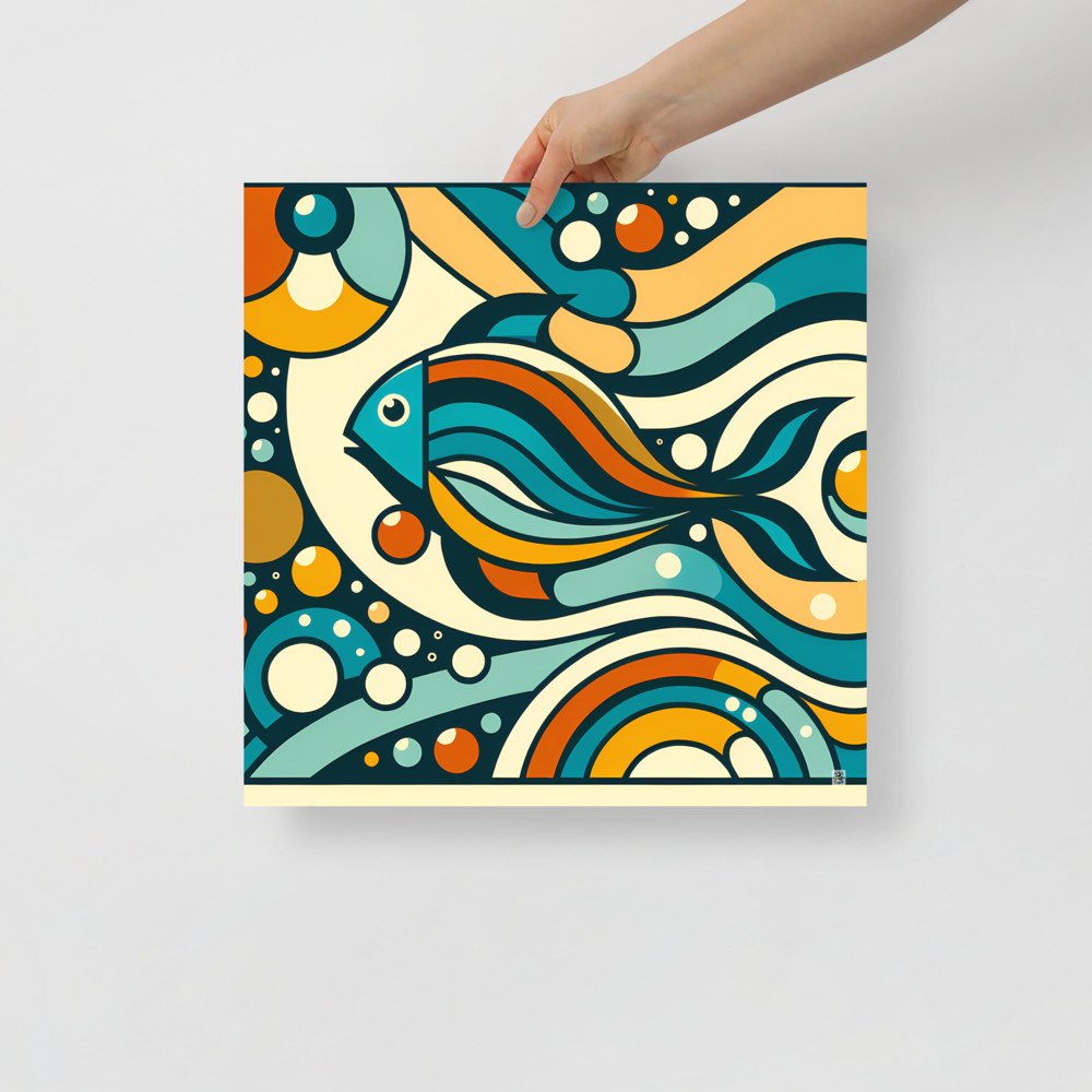 Retro Geometric Fish Abstract Waves in Teal and Orange